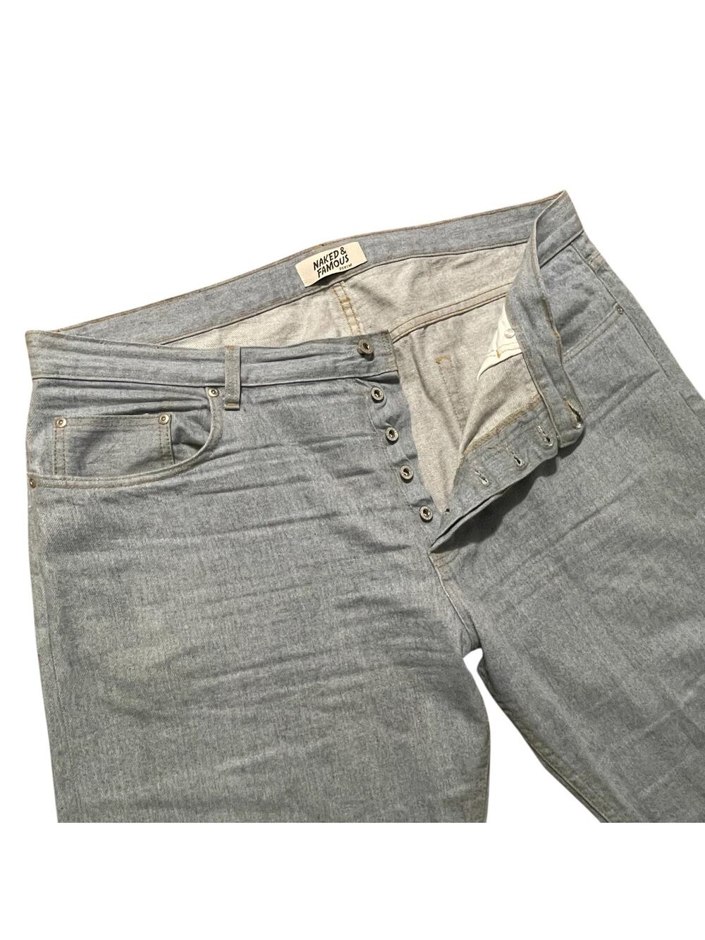 Naked & Famous Easy Guy Jeans 42x32 Light Wash Selvedge Denim Button Fly Japan